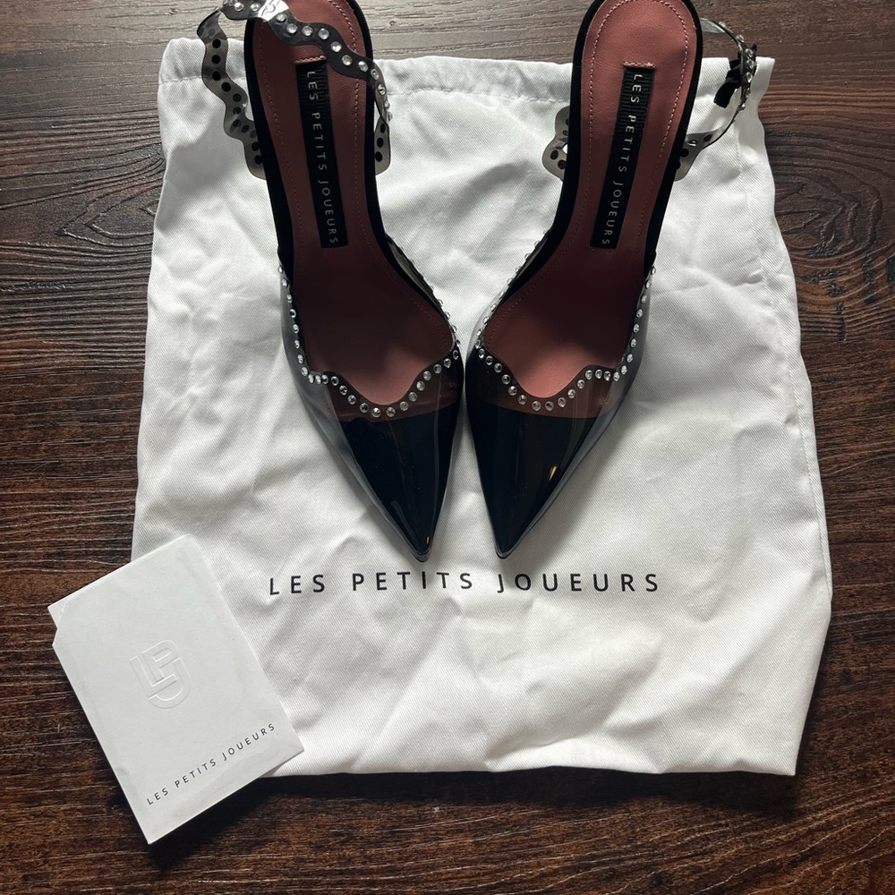 Les Petits Joueurs Black Patent Pointed Slingback Heels with Stud Trim